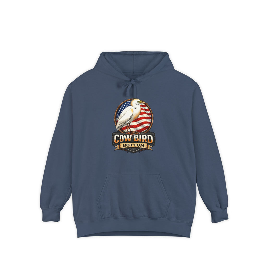 Cowbird Vintage American Flag Hoodie – "Cow Bird Bottom" Patriotic Graphic
