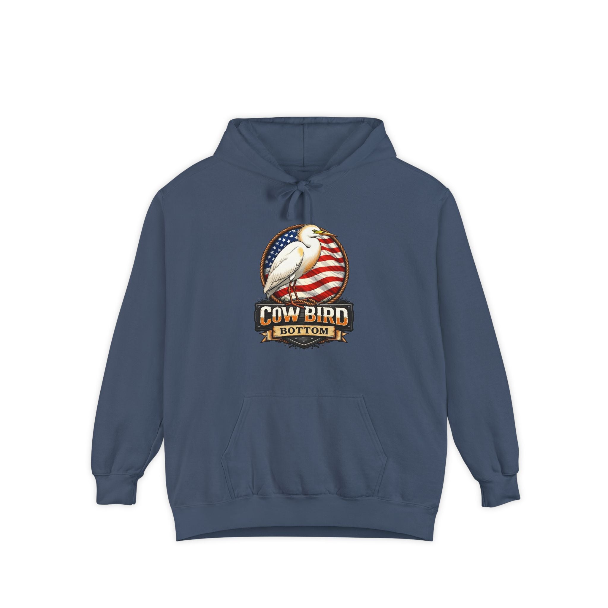Cowbird Vintage American Flag Hoodie – "Cow Bird Bottom" Patriotic Graphic