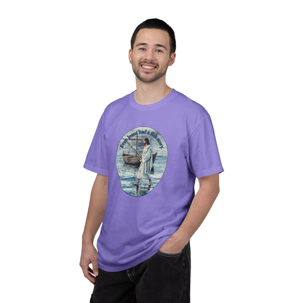 “Jesus fish story” logo on front Unisex Garment-Dyed T-shirt