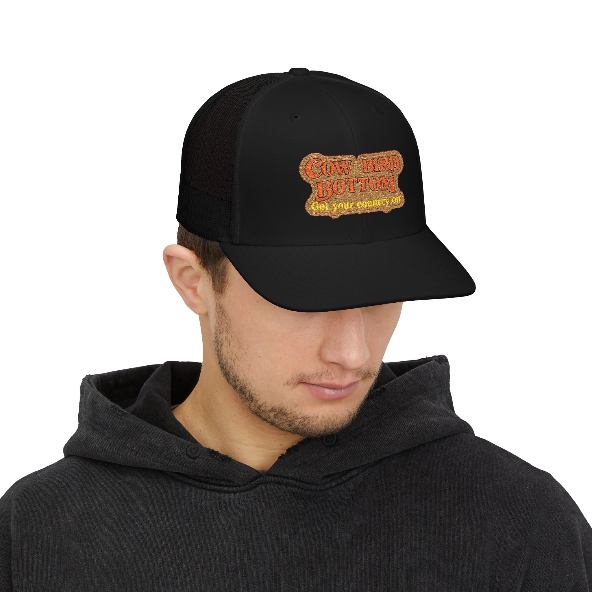 Cow Bird Bottom Patch Trucker Cap - Retro Neon Road Sign Snapback