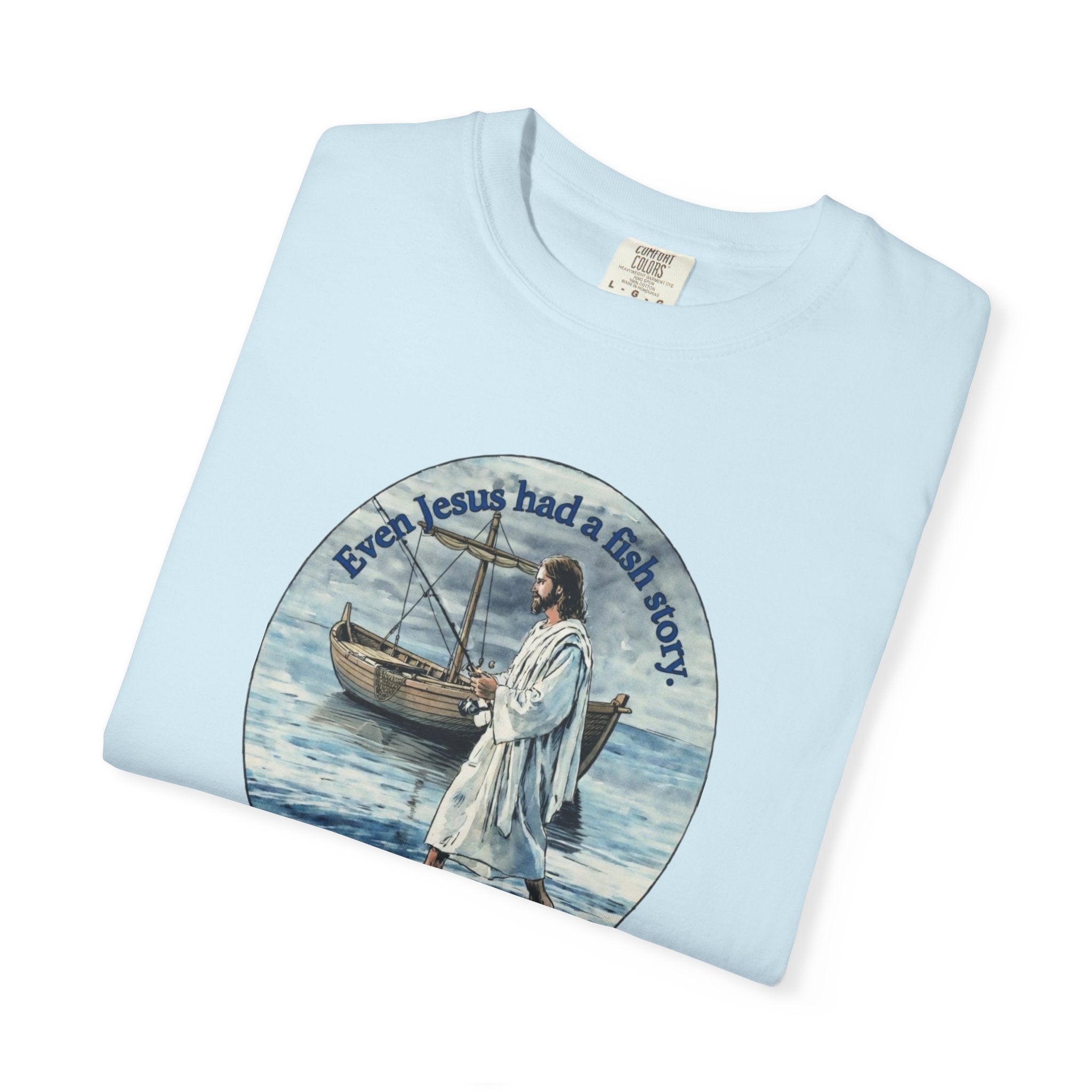 “Jesus fish story” logo on front Unisex Garment-Dyed T-shirt