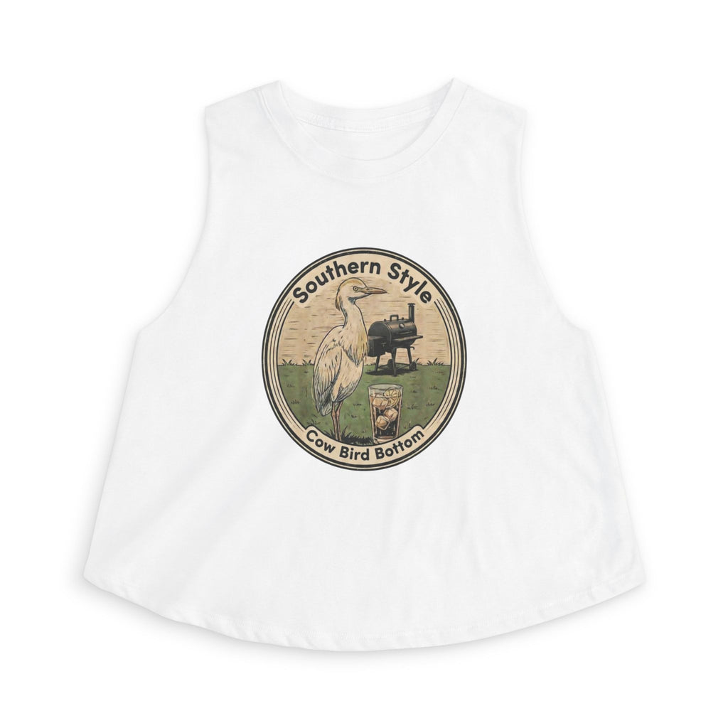 Southern Style Crop Top — 'Cow Bird Bottom' Vintage Heron Graphic