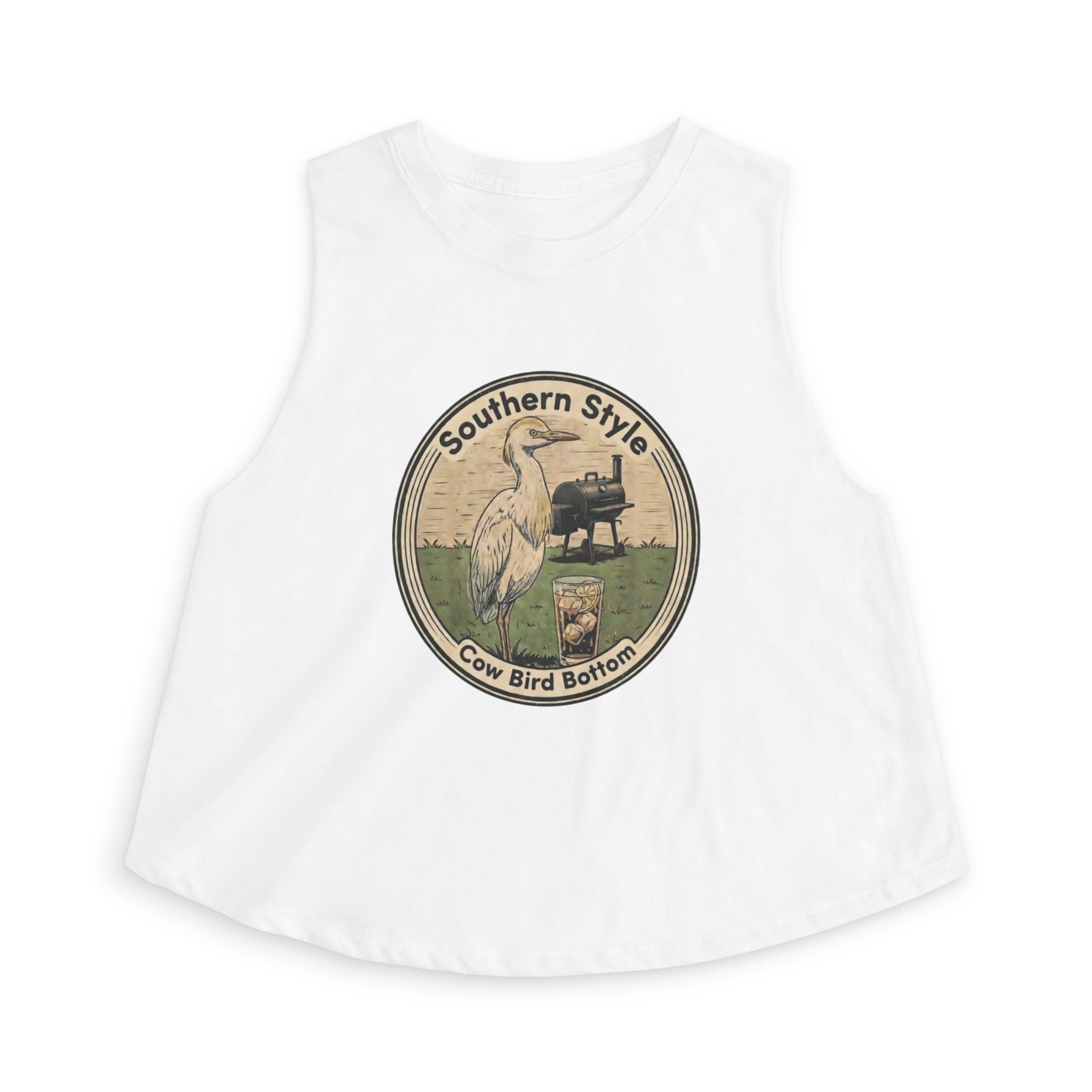 Southern Style Crop Top — 'Cow Bird Bottom' Vintage Heron Graphic
