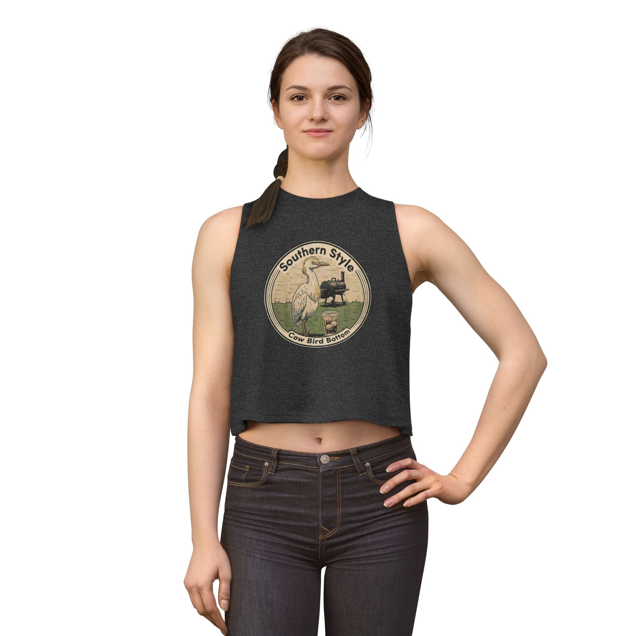 Southern Style Crop Top — 'Cow Bird Bottom' Vintage Heron Graphic