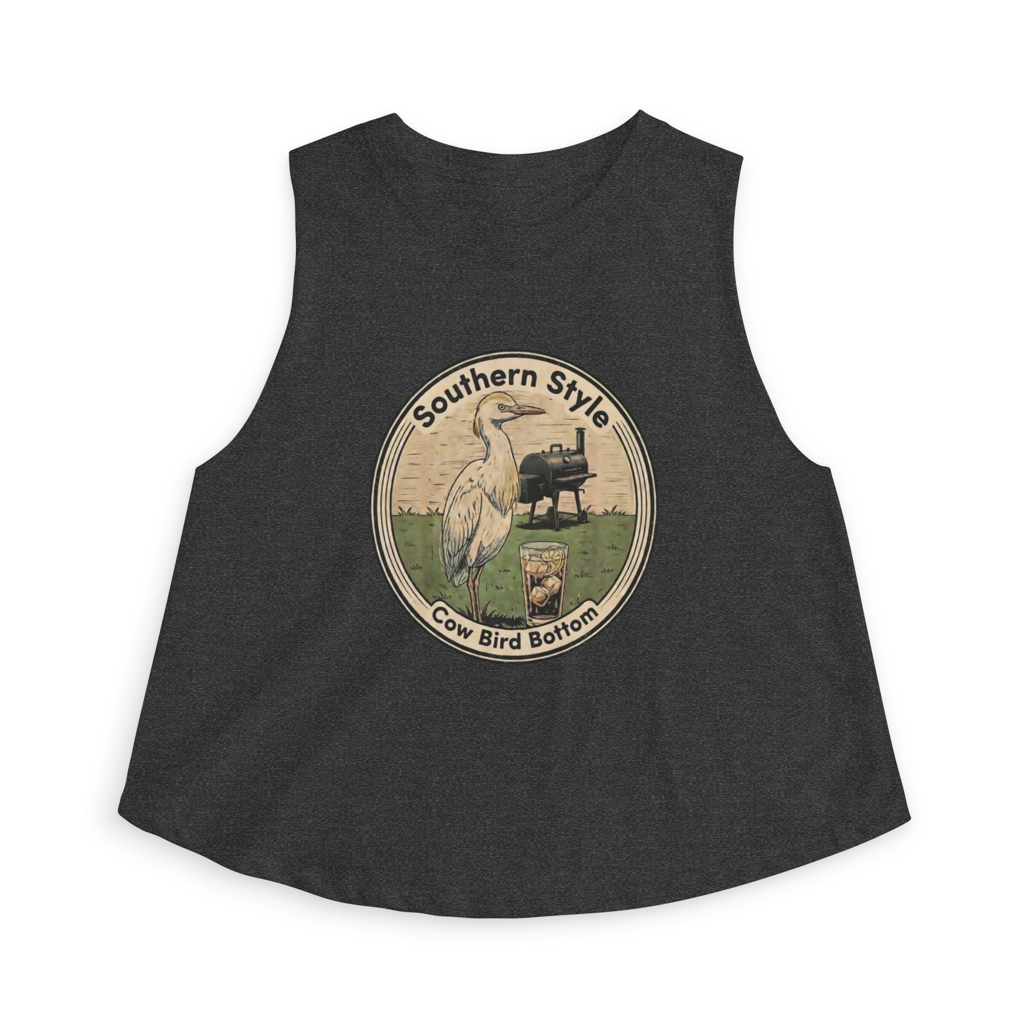 Southern Style Crop Top — 'Cow Bird Bottom' Vintage Heron Graphic