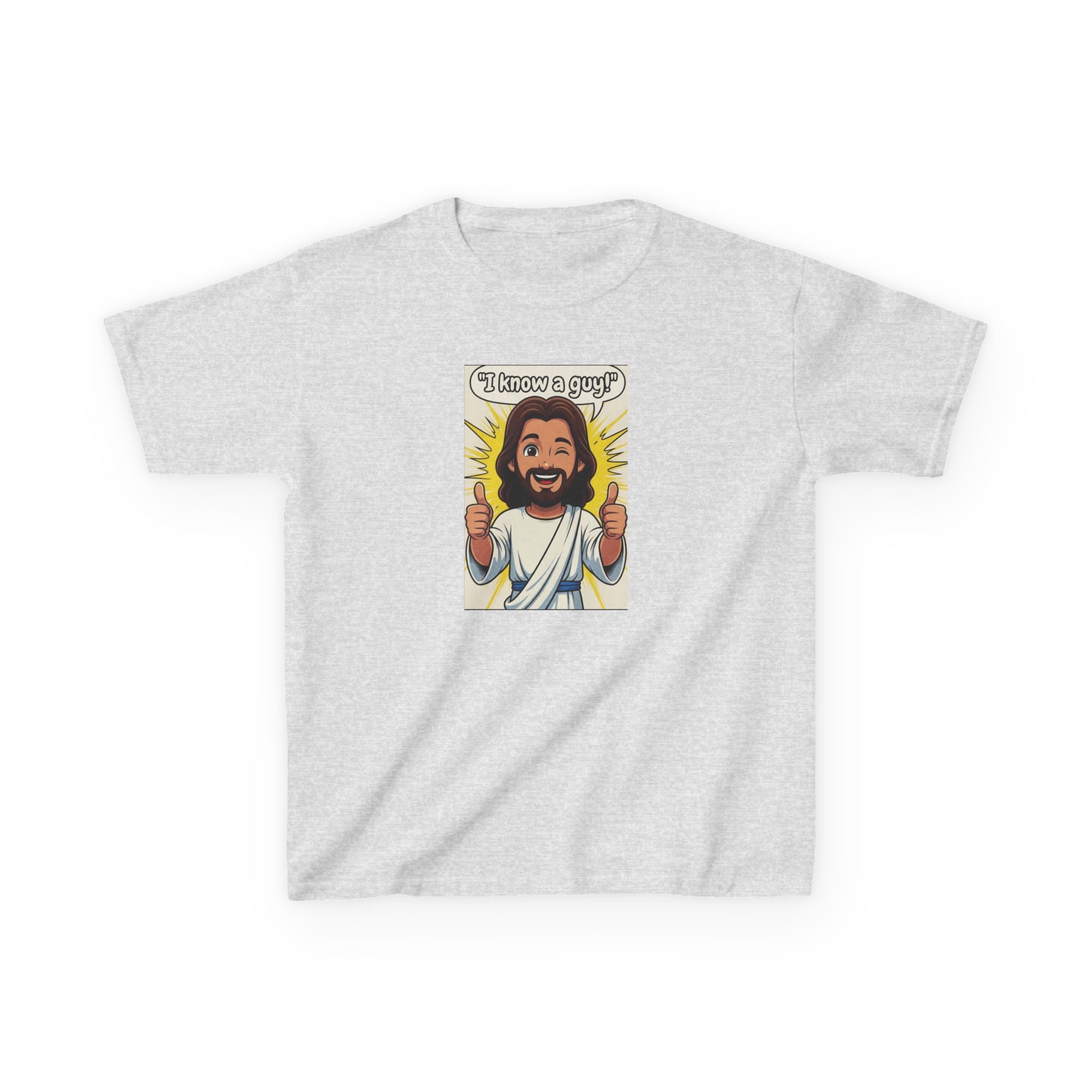 Kids Tee — "I Know a Guy" Cartoon Jesus Graphic
