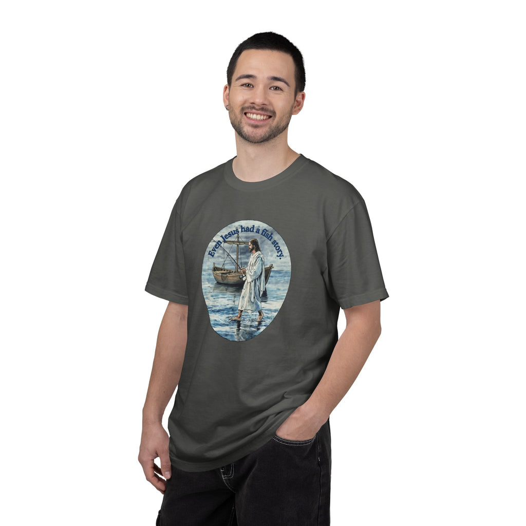 “Jesus fish story” logo on front Unisex Garment-Dyed T-shirt