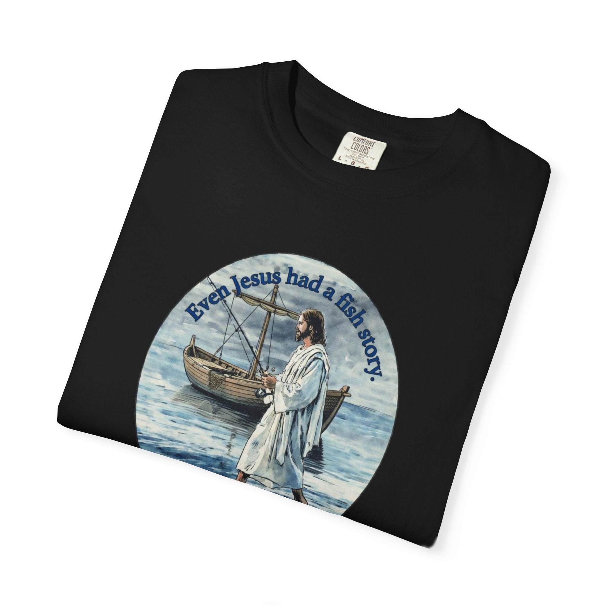“Jesus fish story” logo on front Unisex Garment-Dyed T-shirt