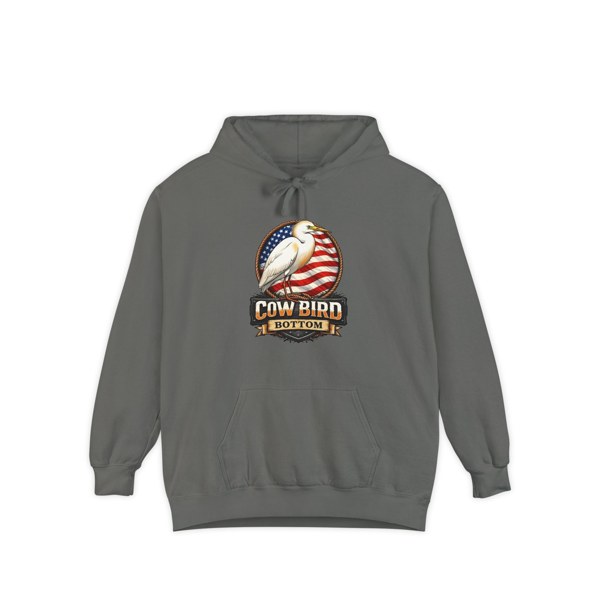 Cowbird Vintage American Flag Hoodie – "Cow Bird Bottom" Patriotic Graphic