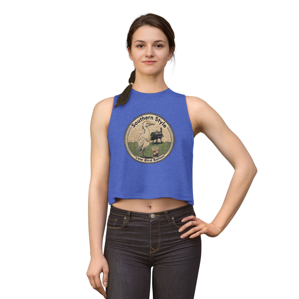 Southern Style Crop Top — 'Cow Bird Bottom' Vintage Heron Graphic