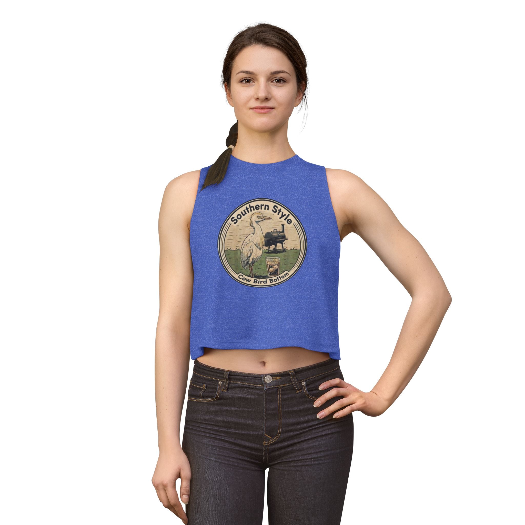 Southern Style Crop Top — 'Cow Bird Bottom' Vintage Heron Graphic