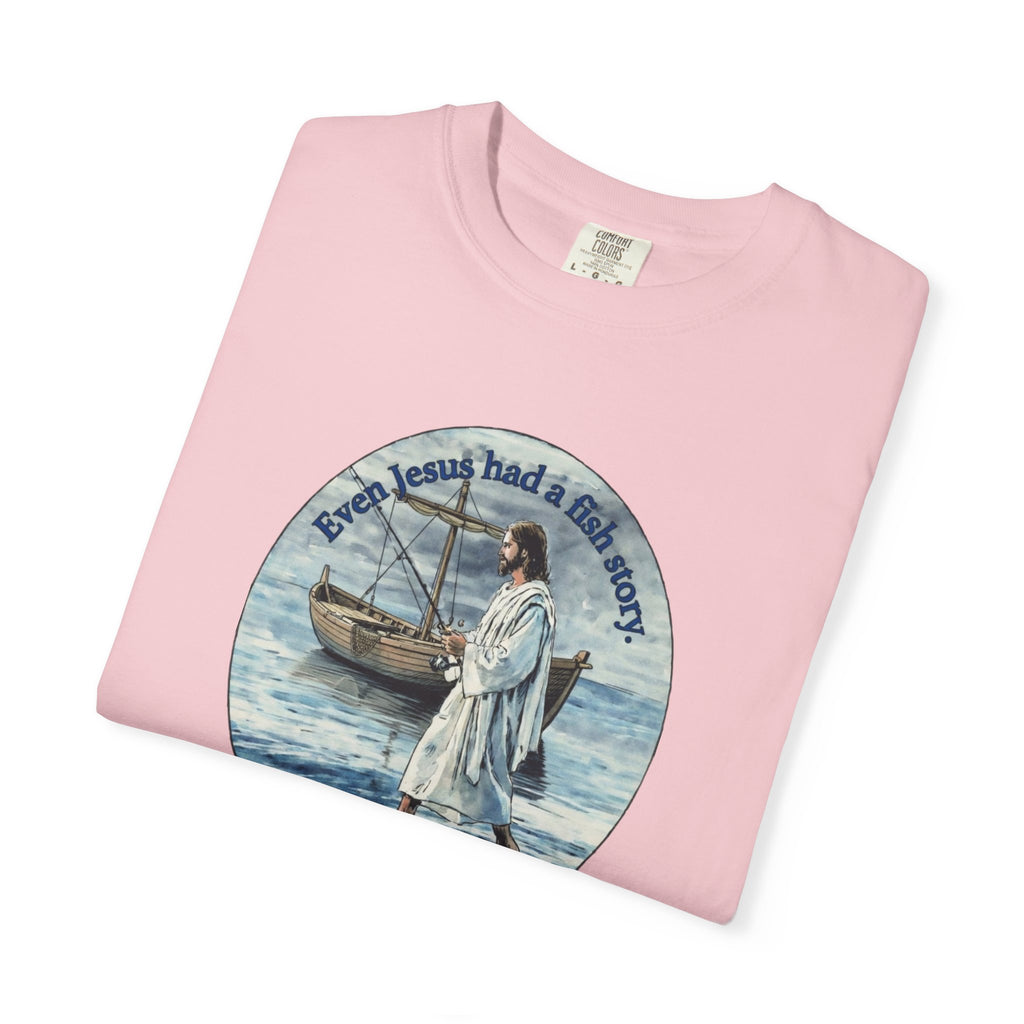 “Jesus fish story” logo on front Unisex Garment-Dyed T-shirt