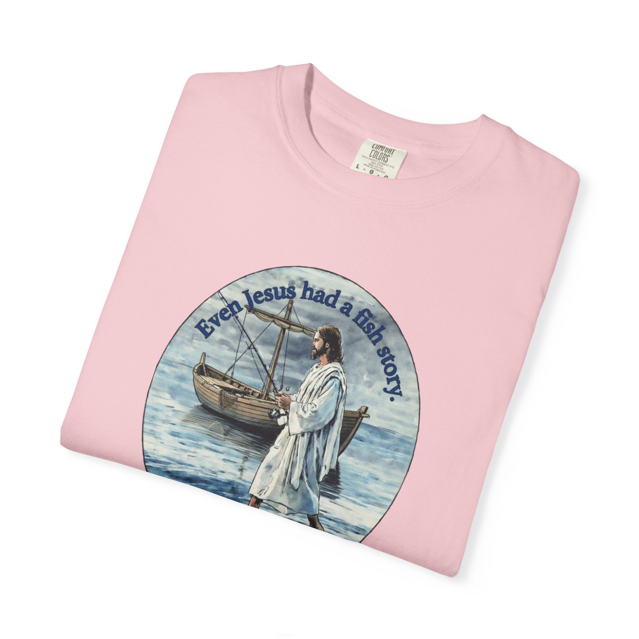 “Jesus fish story” logo on front Unisex Garment-Dyed T-shirt