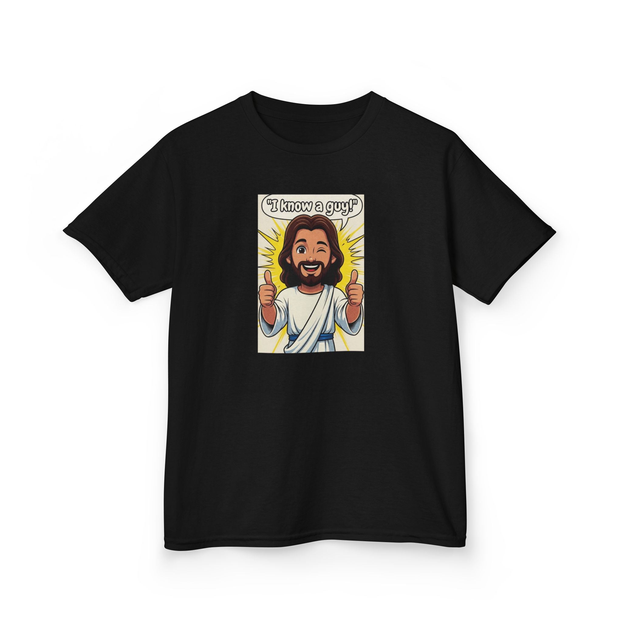 Kids Tee — "I Know a Guy" Cartoon Jesus Graphic
