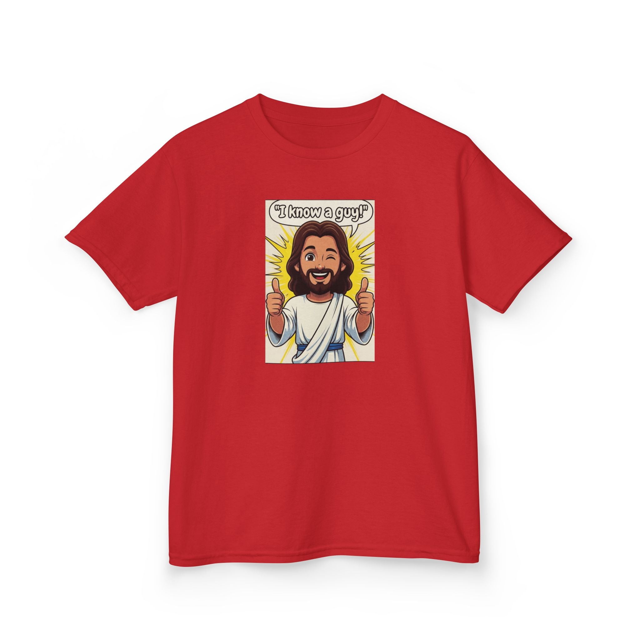 Kids Tee — "I Know a Guy" Cartoon Jesus Graphic