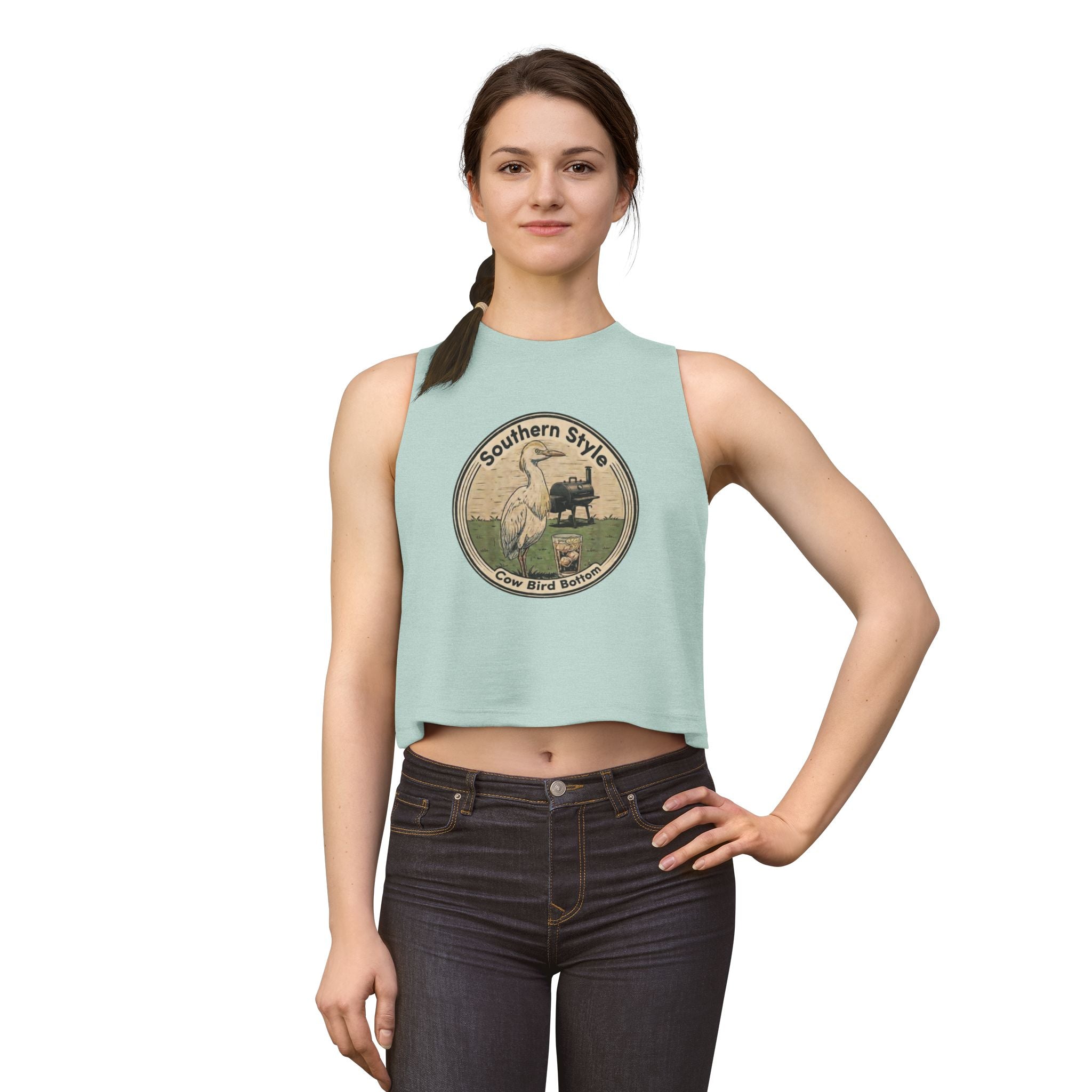 Southern Style Crop Top — 'Cow Bird Bottom' Vintage Heron Graphic