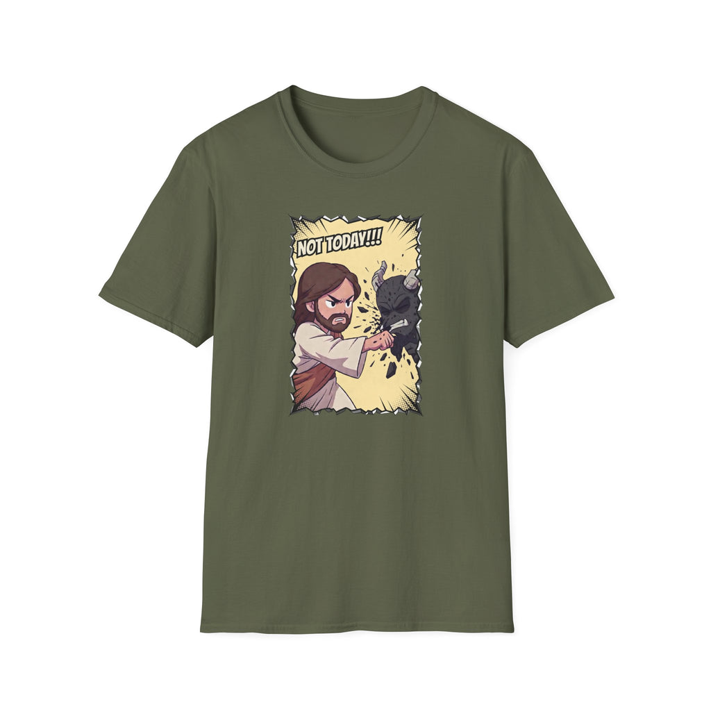 Not Today! Graphic T-Shirt — Humorous Jesus Punching Crocodile Christian Tee