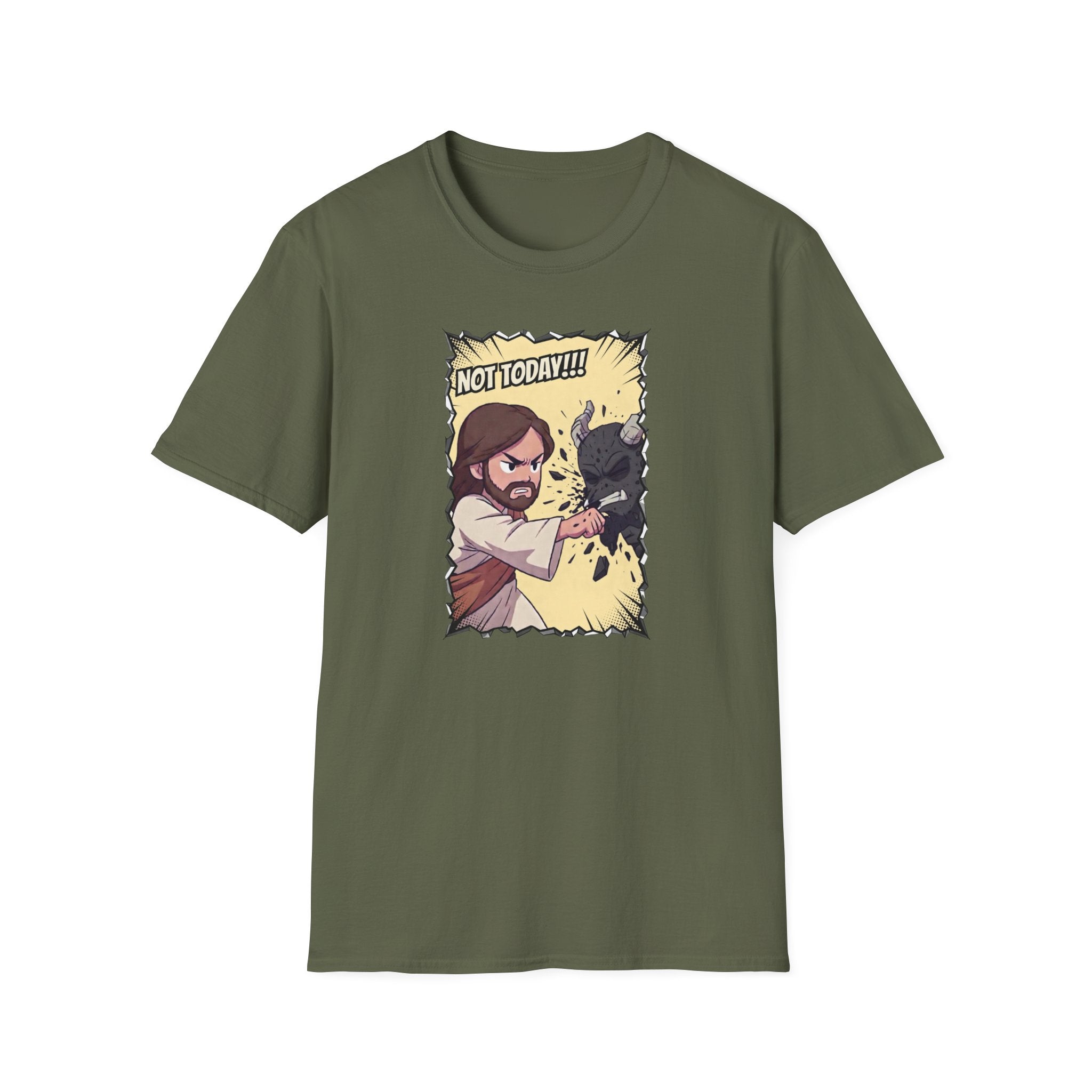 Not Today! Graphic T-Shirt — Humorous Jesus Punching Crocodile Christian Tee