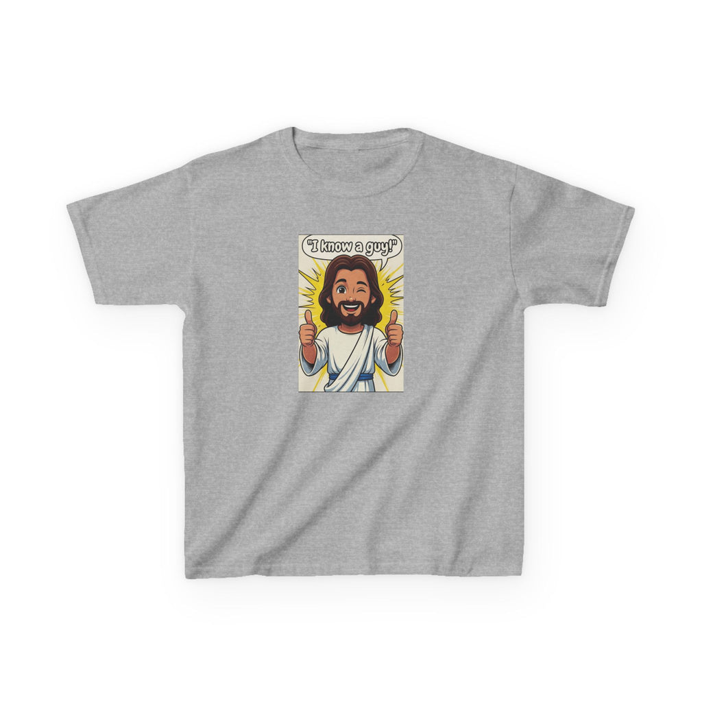 Kids Tee — "I Know a Guy" Cartoon Jesus Graphic