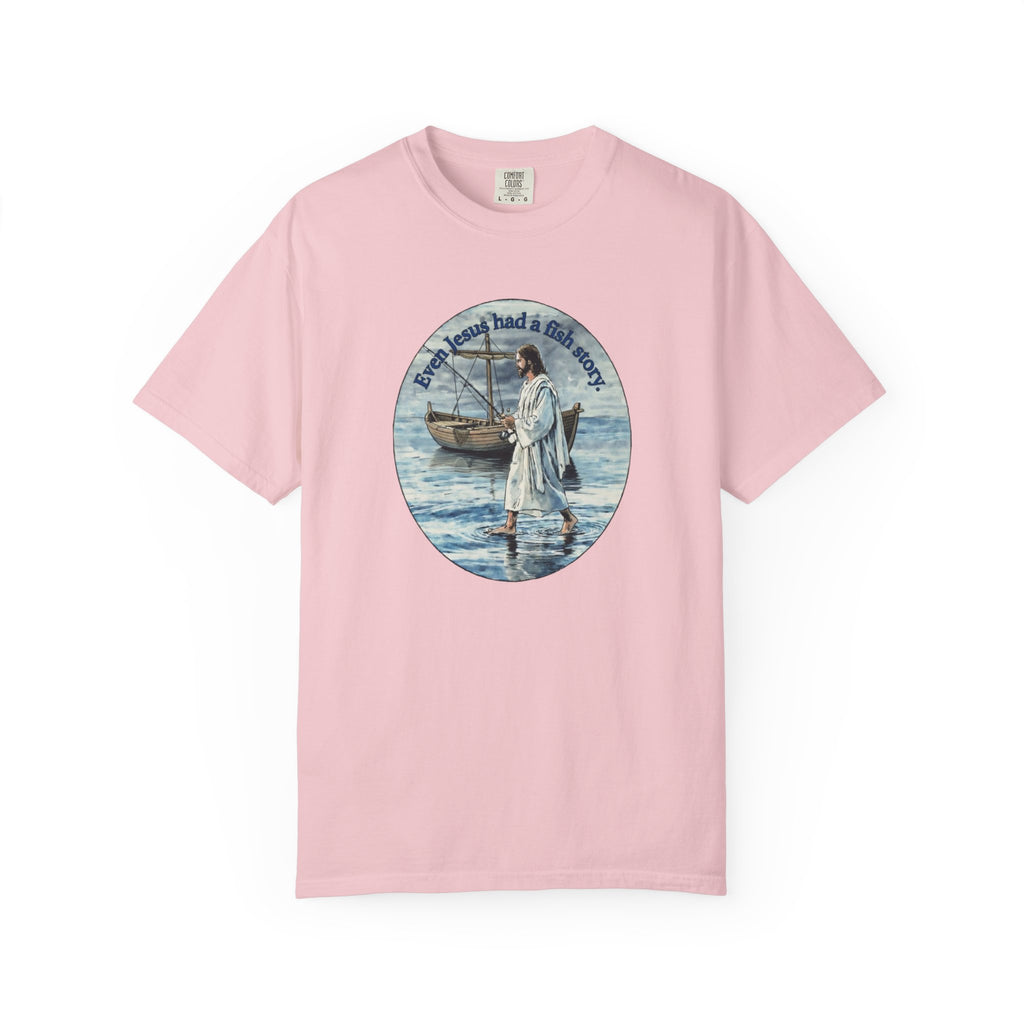 “Jesus fish story” logo on front Unisex Garment-Dyed T-shirt