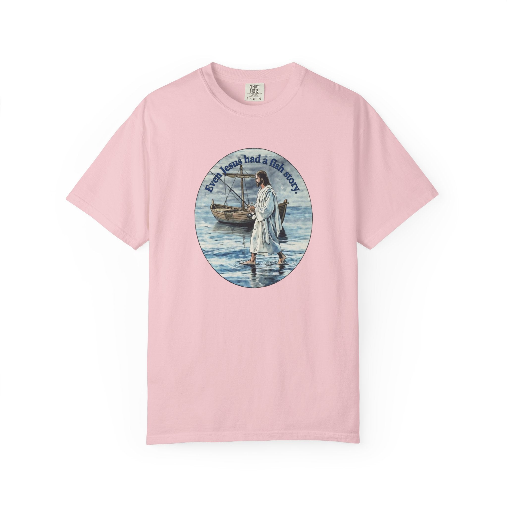 “Jesus fish story” logo on front Unisex Garment-Dyed T-shirt