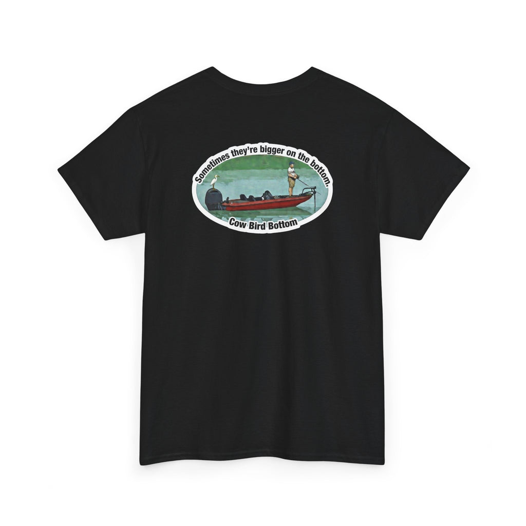 Graphic Tee — 'Cow Bird Bottom' Fishing Scene T-Shirt