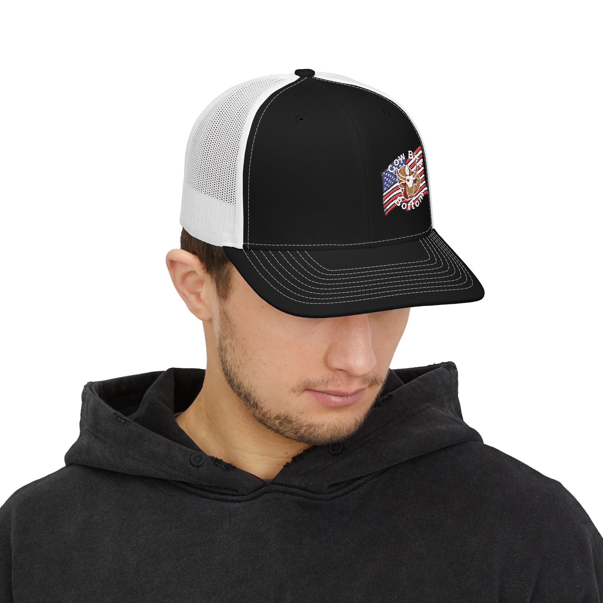 Richardson Embroidered Trucker Cap — American Flag with Anchor "Home of the Free"