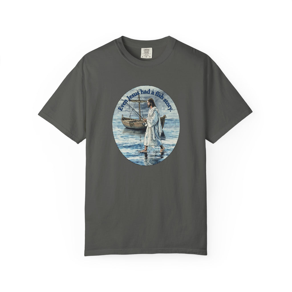 “Jesus fish story” logo on front Unisex Garment-Dyed T-shirt