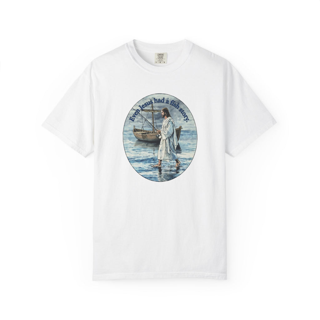 “Jesus fish story” logo on front Unisex Garment-Dyed T-shirt