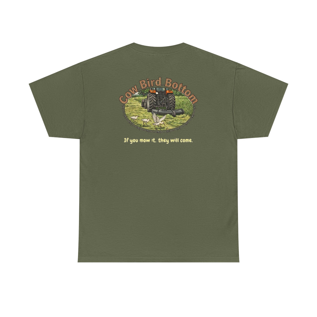 T-Shirt — Cow Bird Bottom tee orange tractor("If you mow it, they will come")