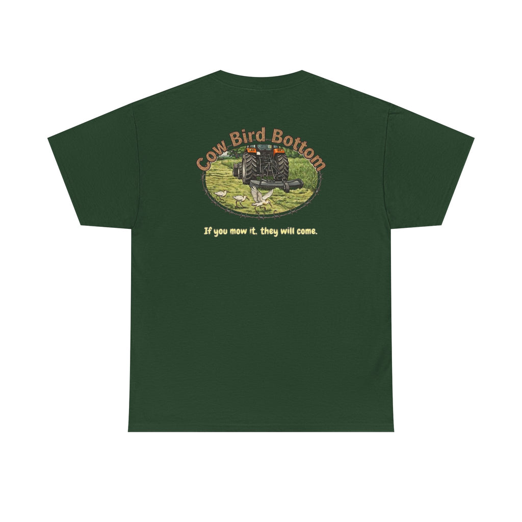 T-Shirt — Cow Bird Bottom tee orange tractor("If you mow it, they will come")