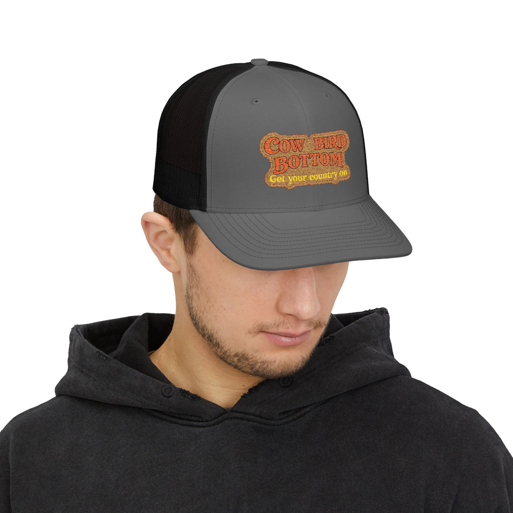 Cow Bird Bottom Patch Trucker Cap - Retro Neon Road Sign Snapback