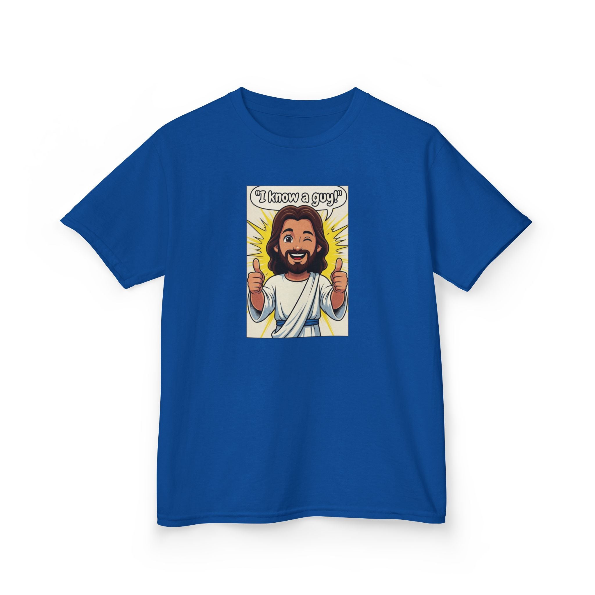 Kids Tee — "I Know a Guy" Cartoon Jesus Graphic