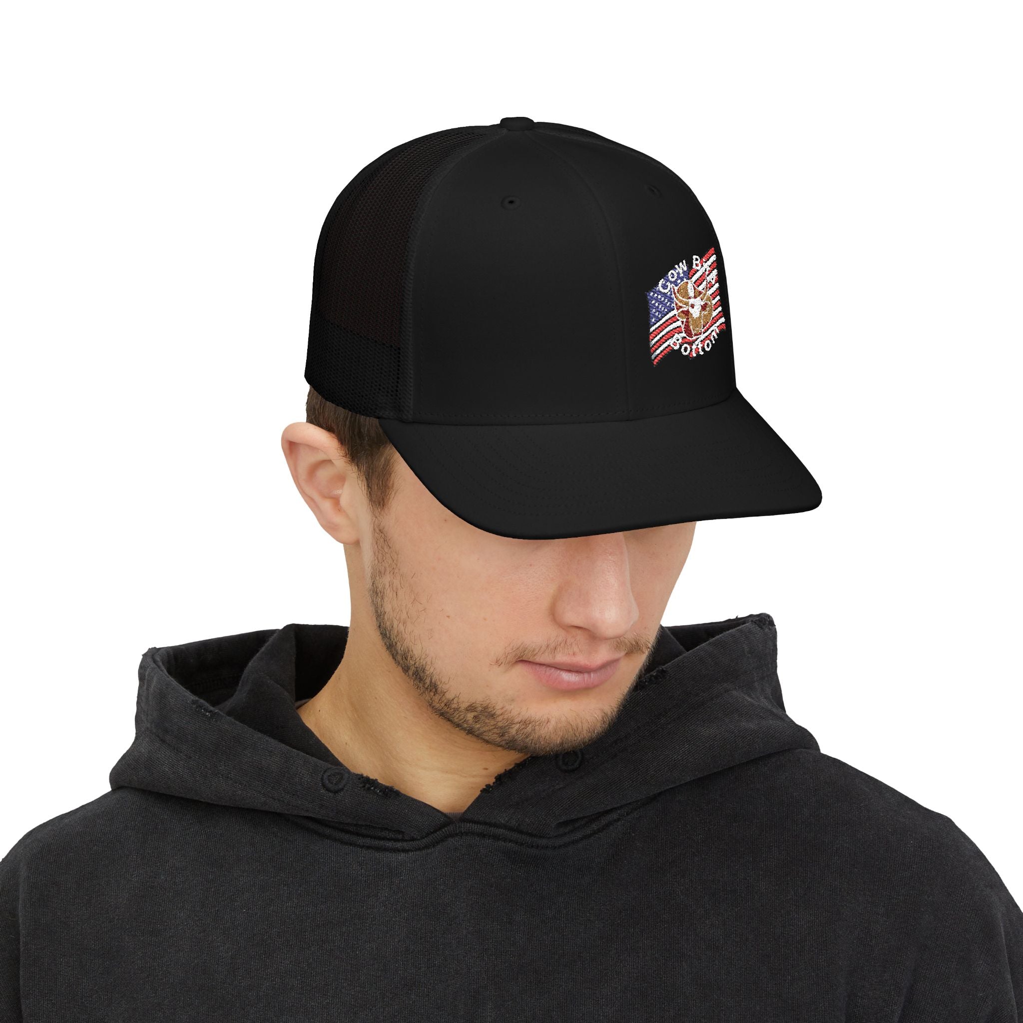 Richardson Embroidered Trucker Cap — American Flag with Anchor "Home of the Free"