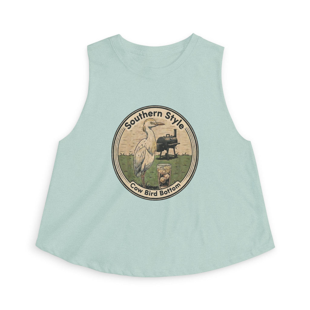 Southern Style Crop Top — 'Cow Bird Bottom' Vintage Heron Graphic