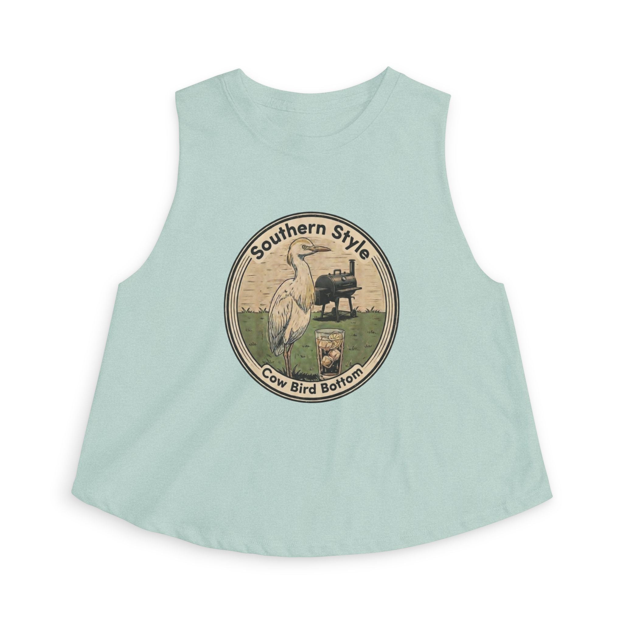 Southern Style Crop Top — 'Cow Bird Bottom' Vintage Heron Graphic