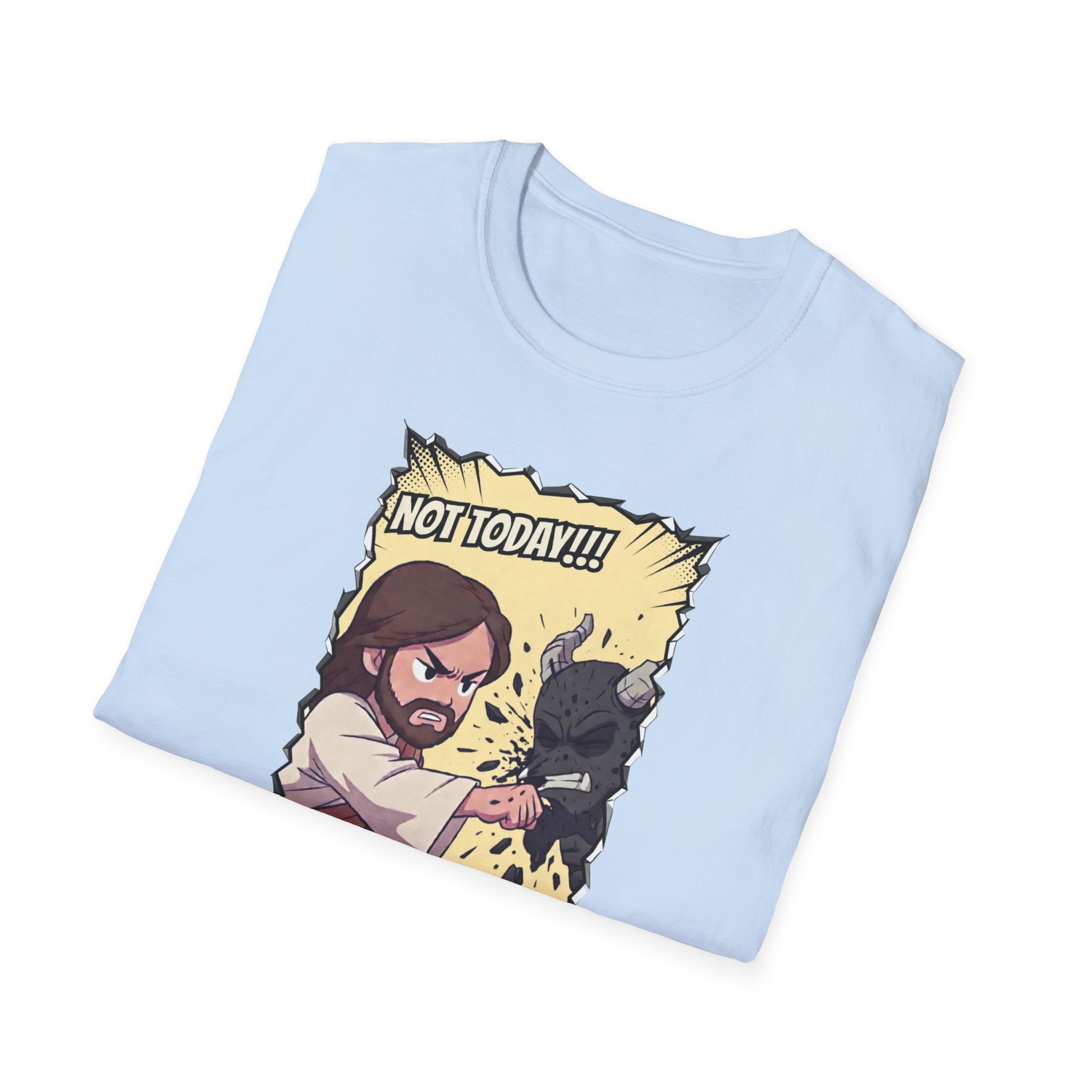 Not Today! Graphic T-Shirt — Humorous Jesus Punching Crocodile Christian Tee