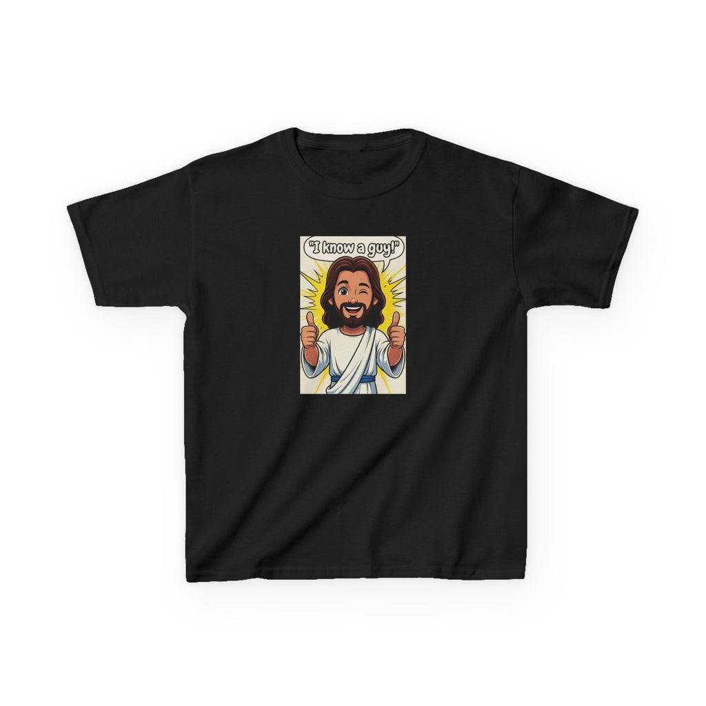 Kids Tee — "I Know a Guy" Cartoon Jesus Graphic