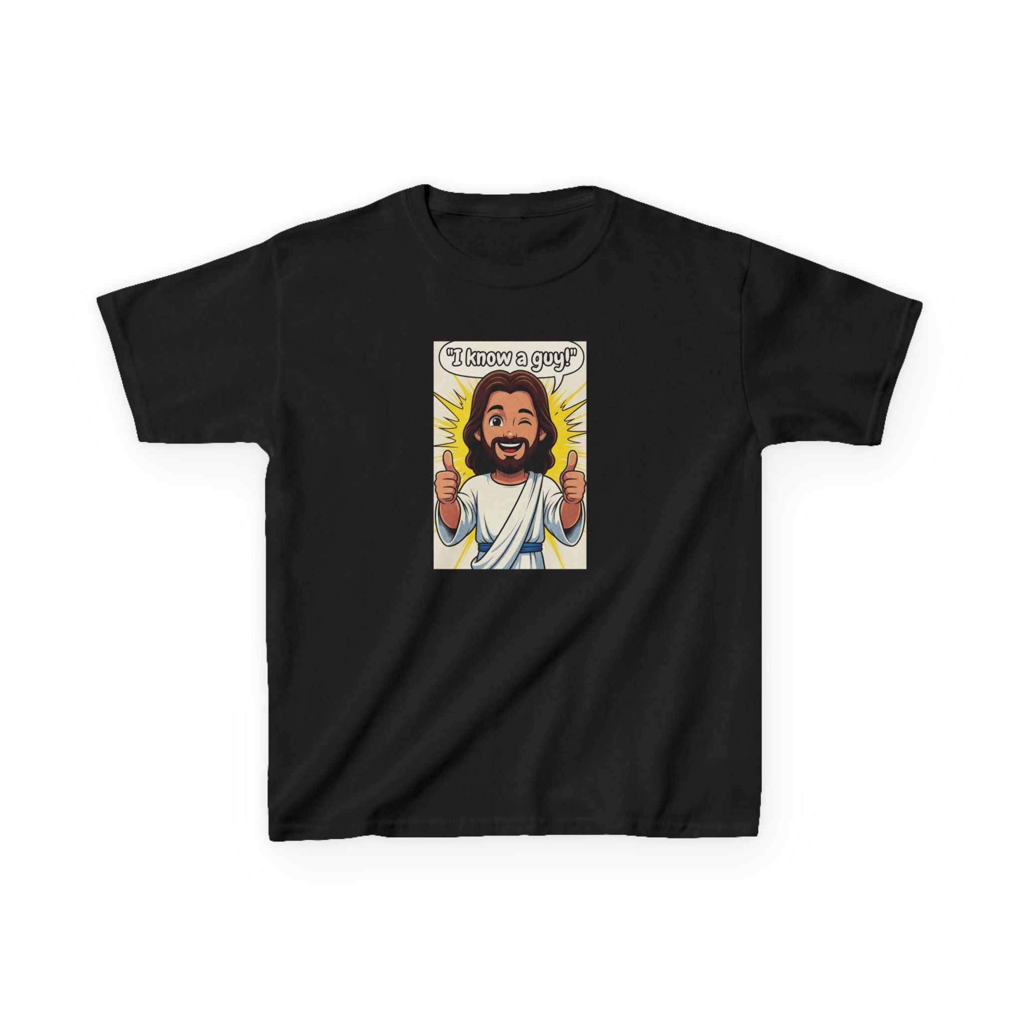 Kids Tee — "I Know a Guy" Cartoon Jesus Graphic