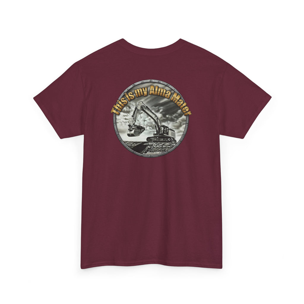Excavator Logo T‑Shirt — Vintage Construction Crew Tee (Back Graphic: 'This Is My Alma Mater')