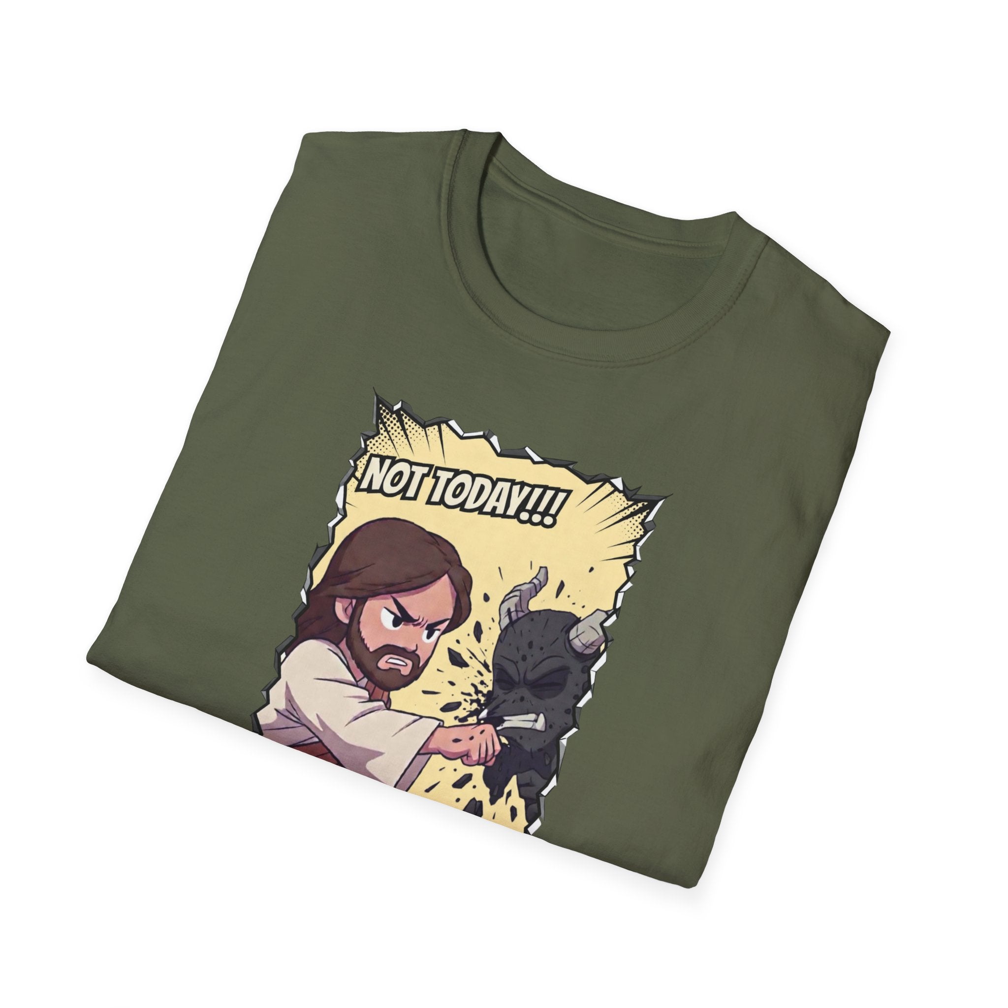 Not Today! Graphic T-Shirt — Humorous Jesus Punching Crocodile Christian Tee