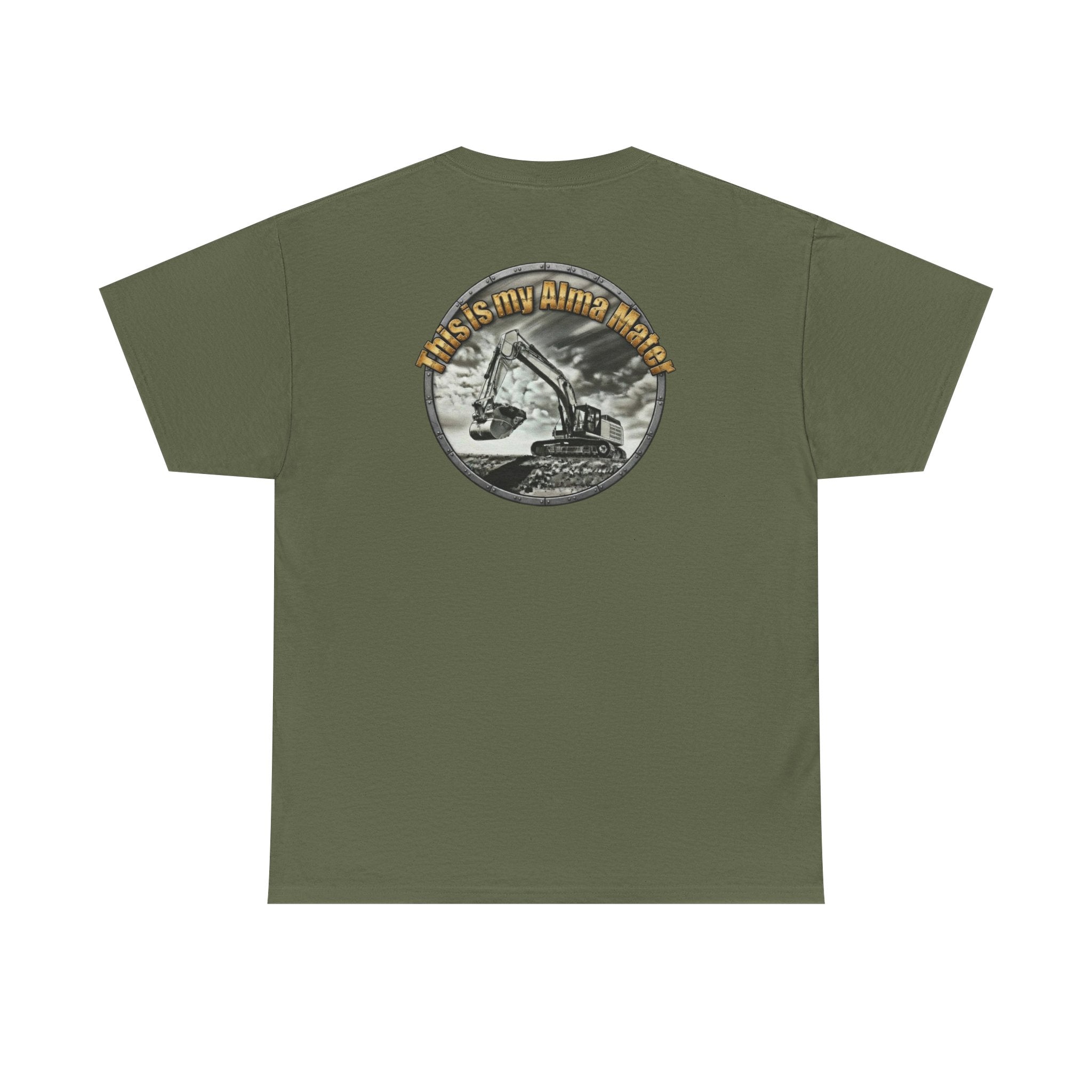 Excavator Logo T‑Shirt — Vintage Construction Crew Tee (Back Graphic: 'This Is My Alma Mater')