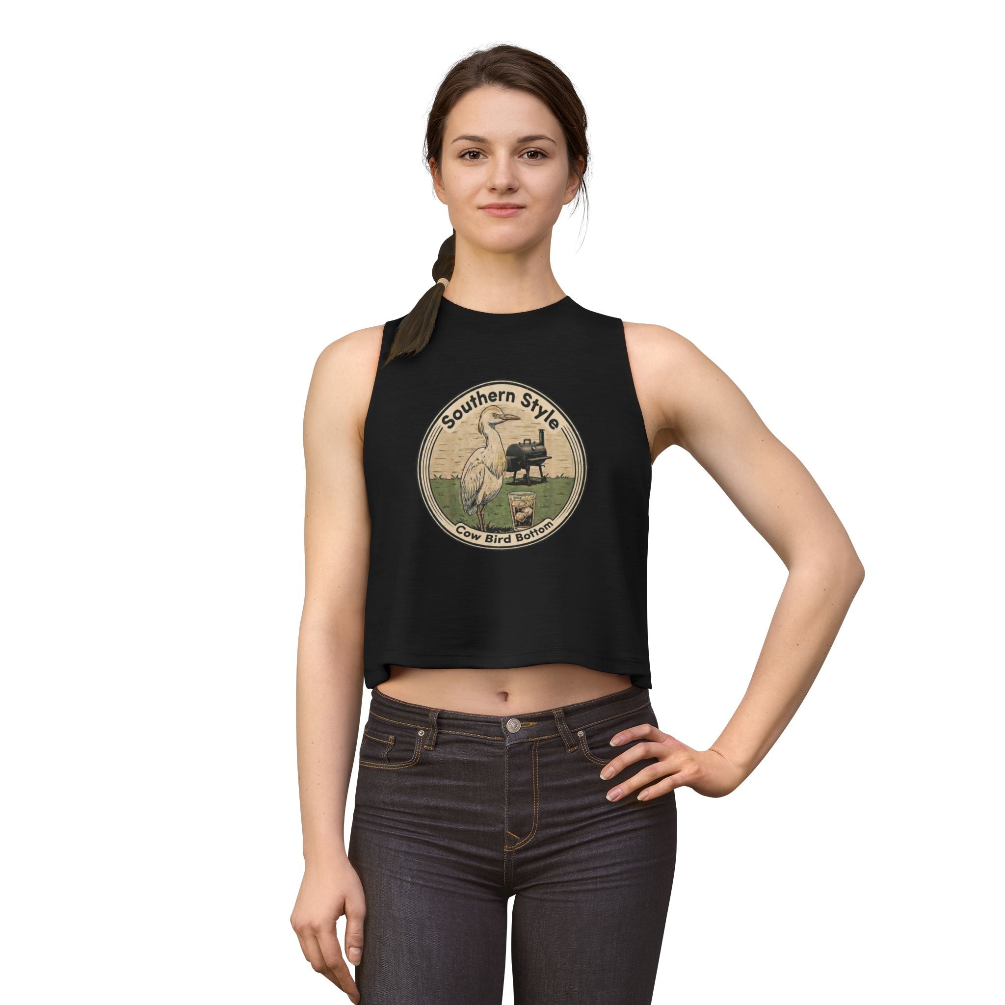 Southern Style Crop Top — 'Cow Bird Bottom' Vintage Heron Graphic
