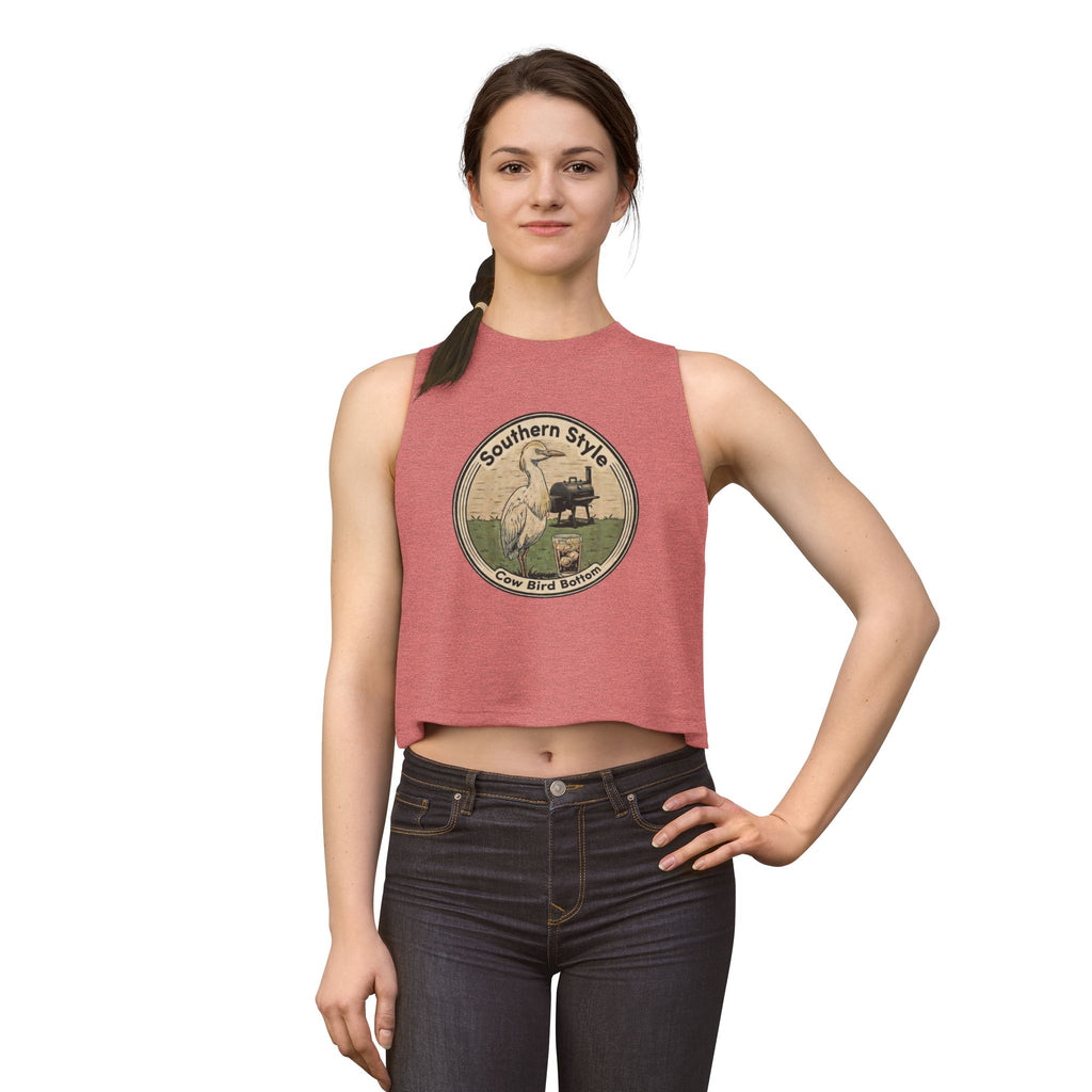 Southern Style Crop Top — 'Cow Bird Bottom' Vintage Heron Graphic