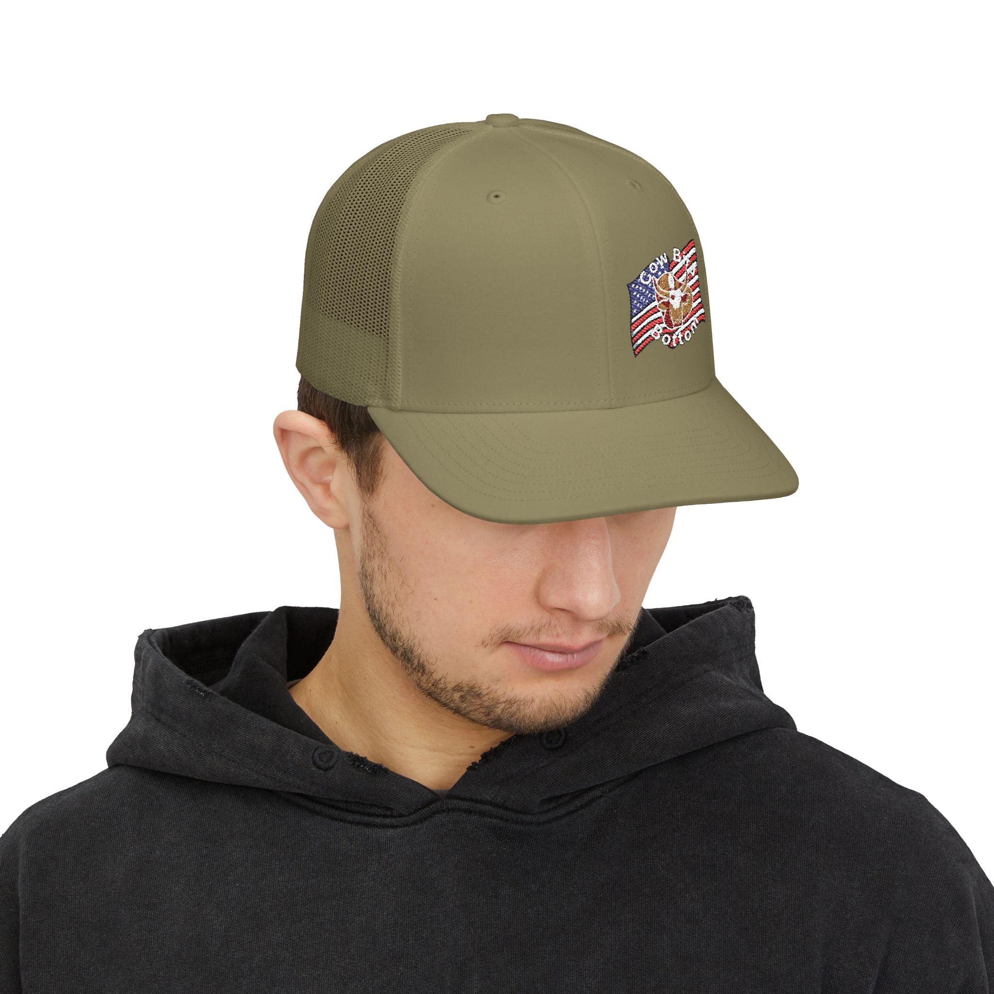 Richardson Embroidered Trucker Cap — American Flag with Anchor "Home of the Free"