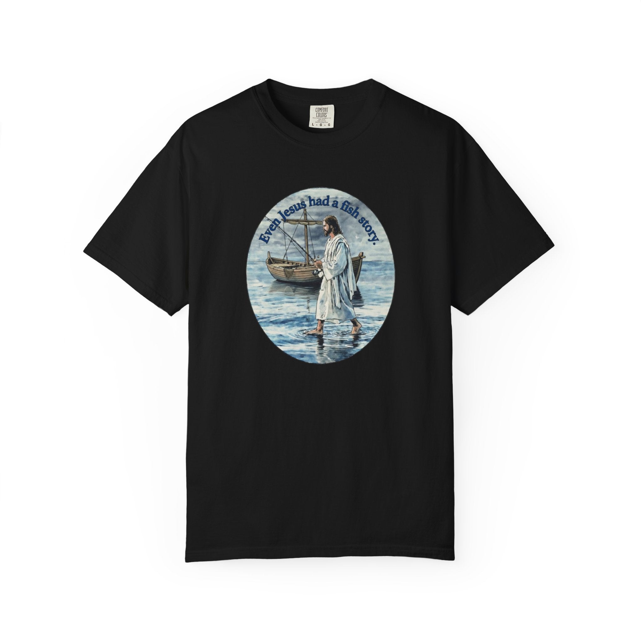 “Jesus fish story” logo on front Unisex Garment-Dyed T-shirt