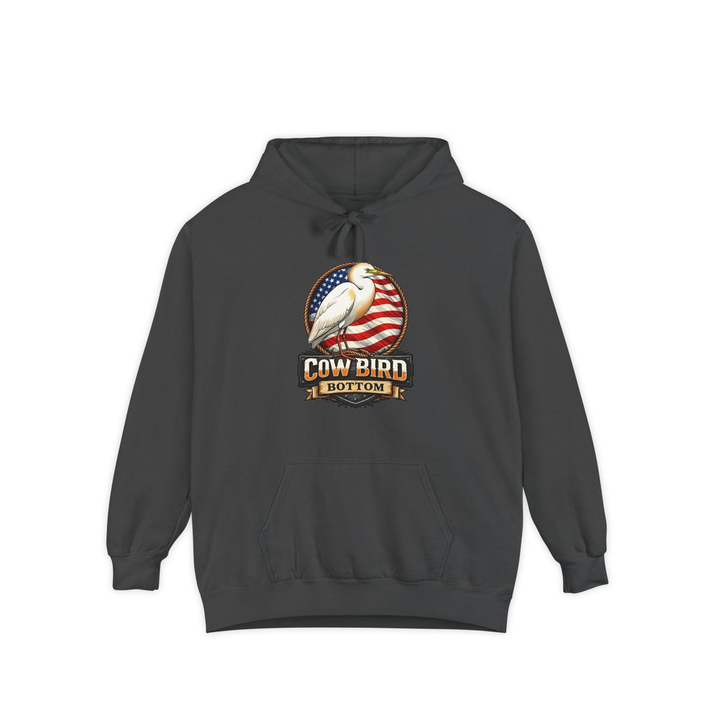 Cowbird Vintage American Flag Hoodie – "Cow Bird Bottom" Patriotic Graphic