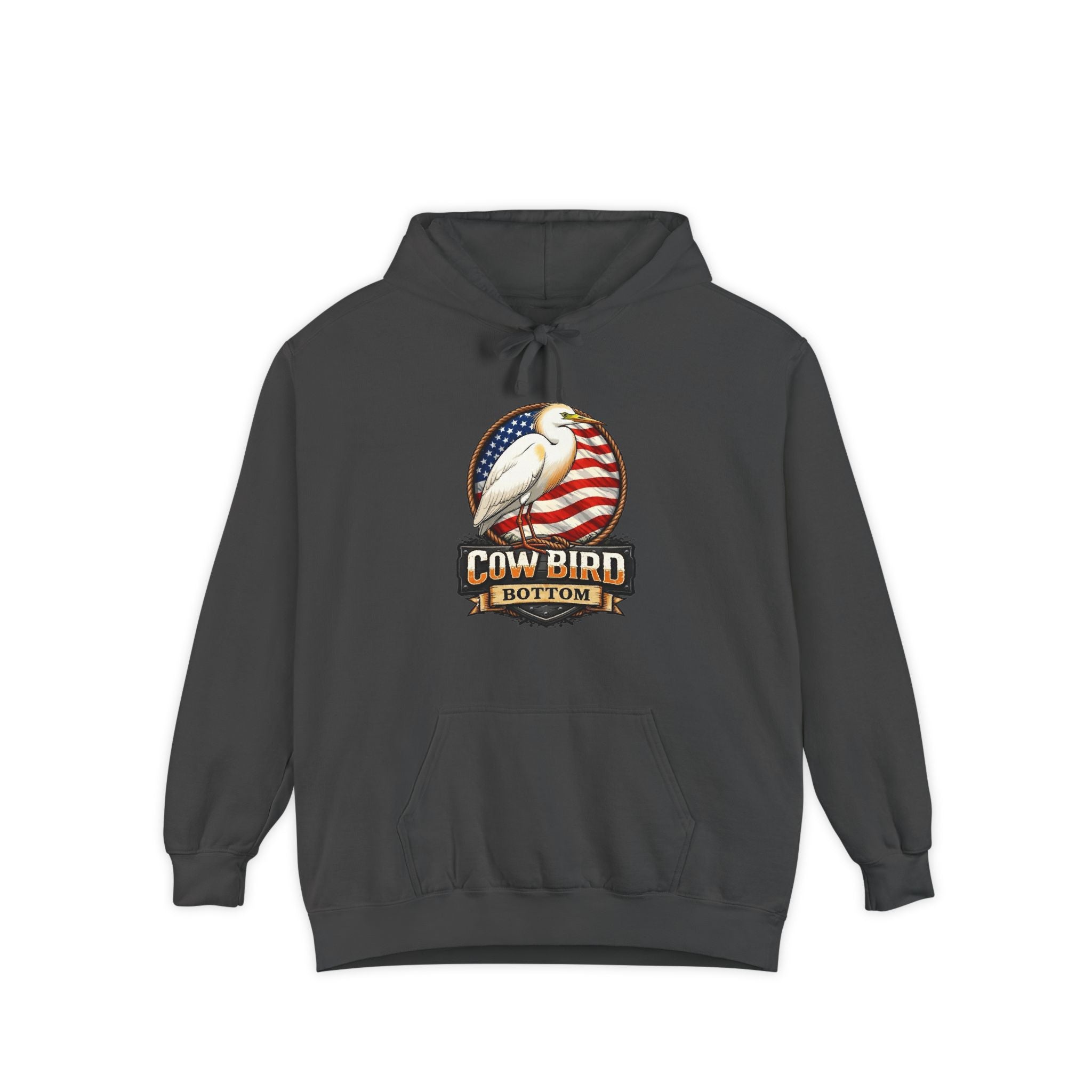 Cowbird Vintage American Flag Hoodie – "Cow Bird Bottom" Patriotic Graphic