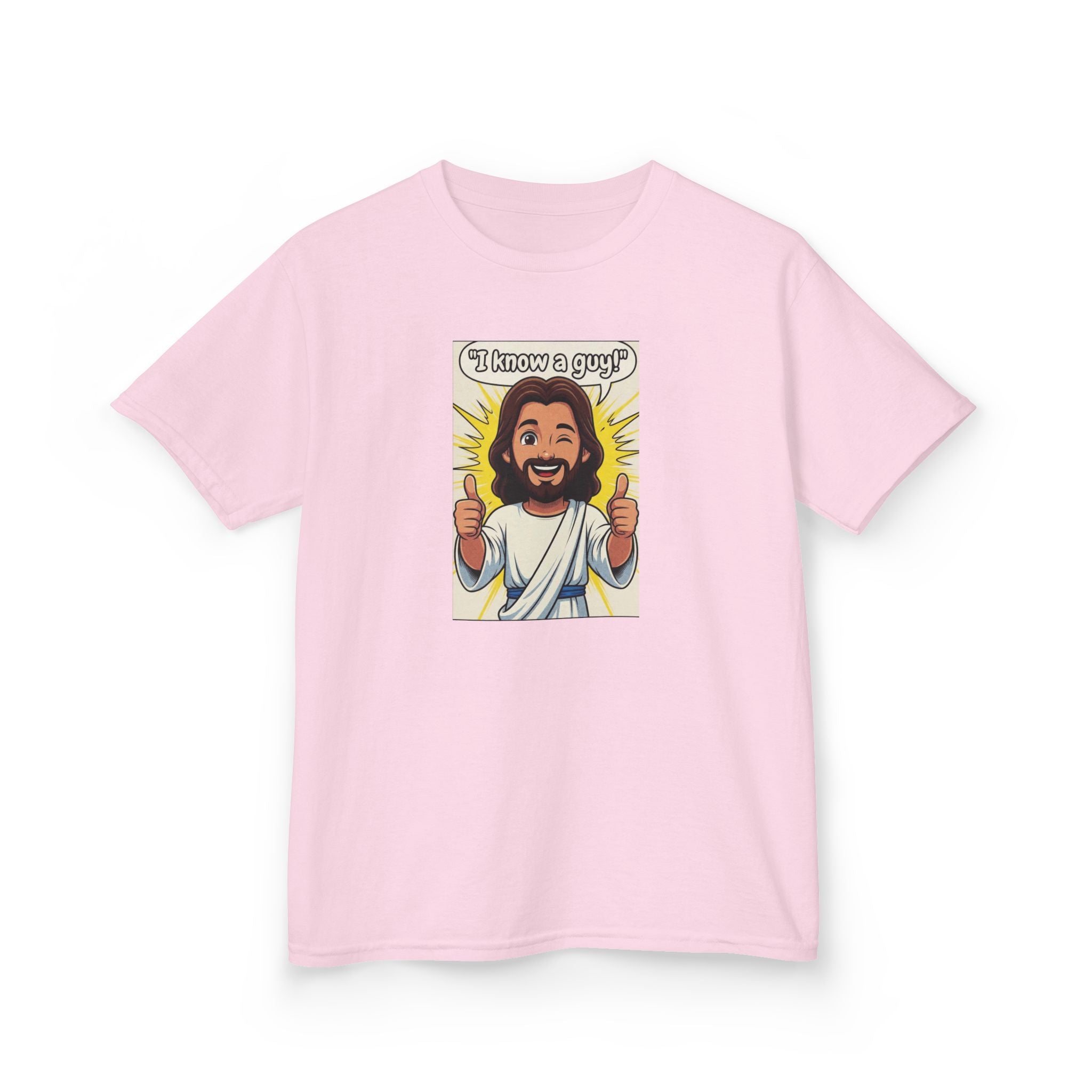 Kids Tee — "I Know a Guy" Cartoon Jesus Graphic