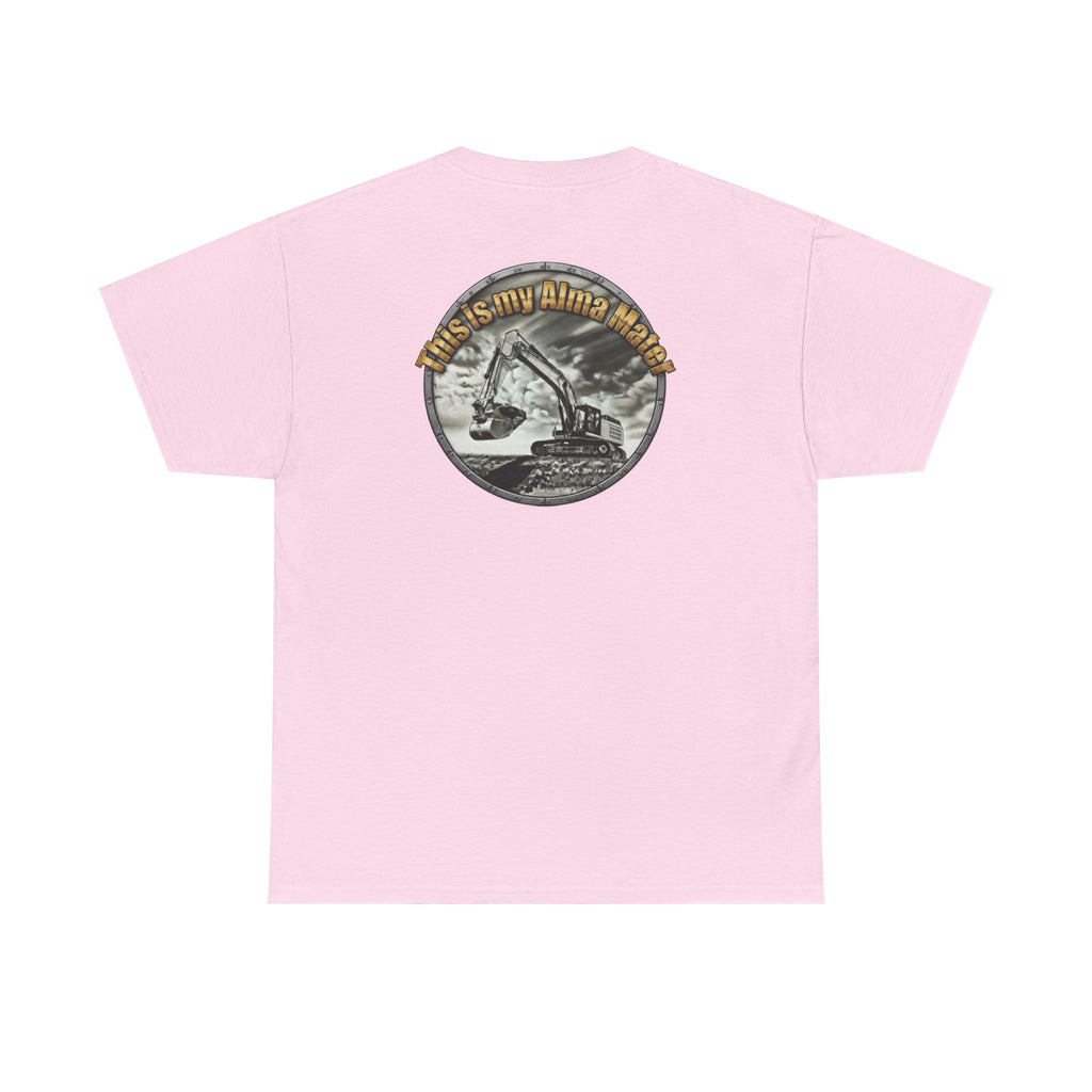 Excavator Logo T‑Shirt — Vintage Construction Crew Tee (Back Graphic: 'This Is My Alma Mater')
